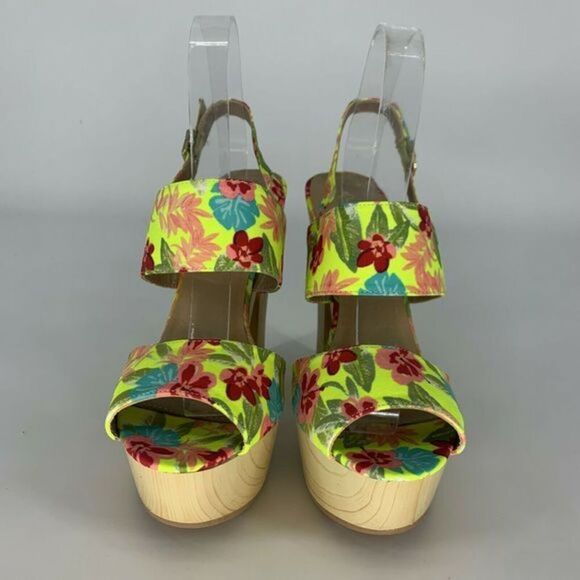 QUPID Open Toe Clog Heels Slingback Peep Toe Shoe Size 7 Yellow Floral Wood - Picture 11 of 11